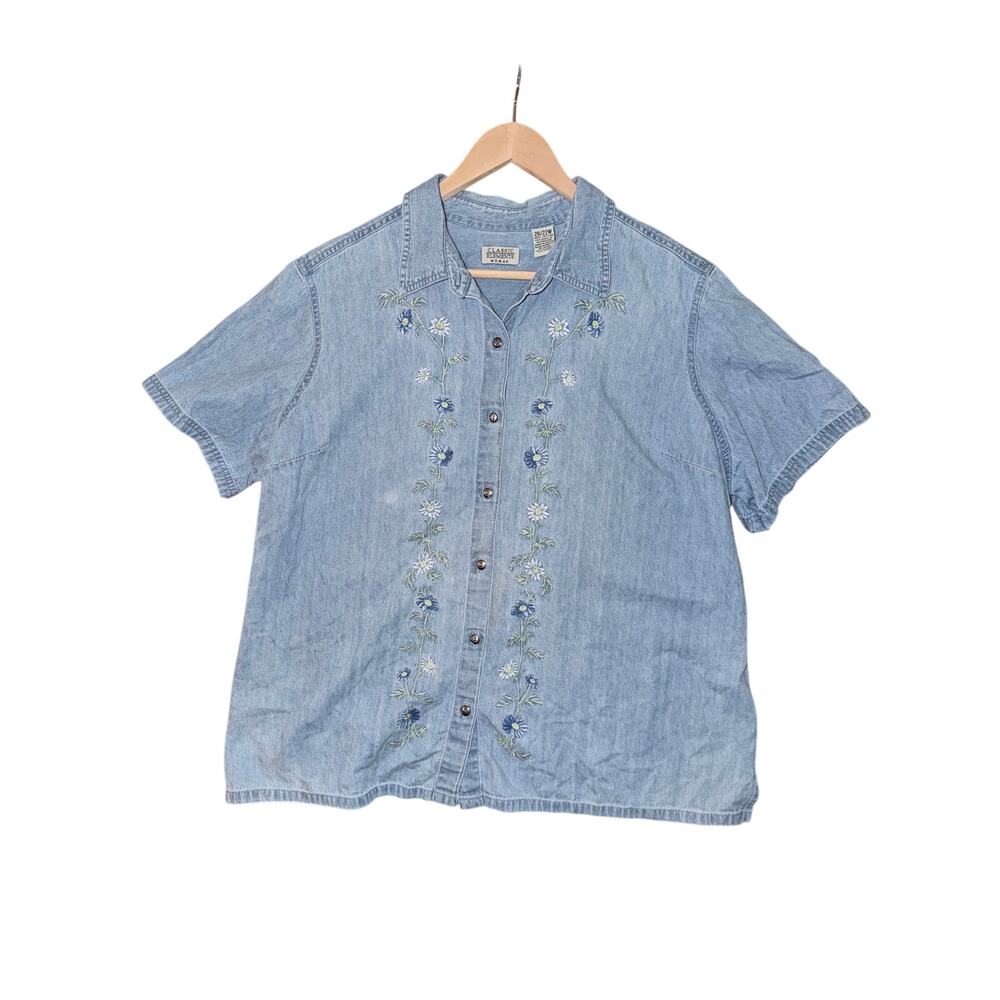 vintage basic elements plus size denim short sleeve cottagecore shirt button 22W